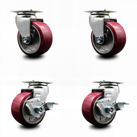 Service Caster 4 Inch Poly on Aluminum Swivel Caster Set with Roller Bearings 2 Brakes SCC SCC-20S420-PAR-2-TLB-2